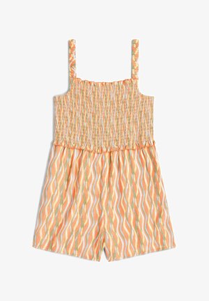Kombinezon bez ramiączek, marszczony, w kolorze pomarańczowym z falistymi wzorami w zielonym i niebieskim. Lekka tkanina z szortami, idealna na ciepłą pogodę.