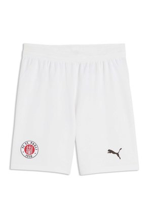 Hvide sportsshorts med FC St. Pauli 1910-logo på venstre ben og sort Puma-logo på højre ben.