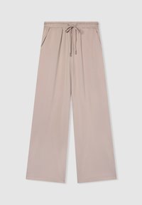 Jasno beżowe spodnie o szerokich nogawkach, wykonane z miękkiego materiału, z elastyczną talią i sznurkiem do regulacji oraz dwoma bocznymi kieszeniami.