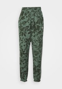 Gröna och mörkgröna tie-dye Adidas sweatpants med elastisk midja och cuffs, Adidas-logotyp på övre lår och sidostrecker.