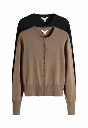 To langærmede cardigantrøjer med knapper, en beige foran og en sort bagved, begge med rund halsudskæring og ribkant ved ærmer og kant.