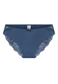 Tmavě modré kalhotky s hladkým předním dílem a složitými krajkovými detaily po stranách, doplněné malou mašlí uprostřed přední části.