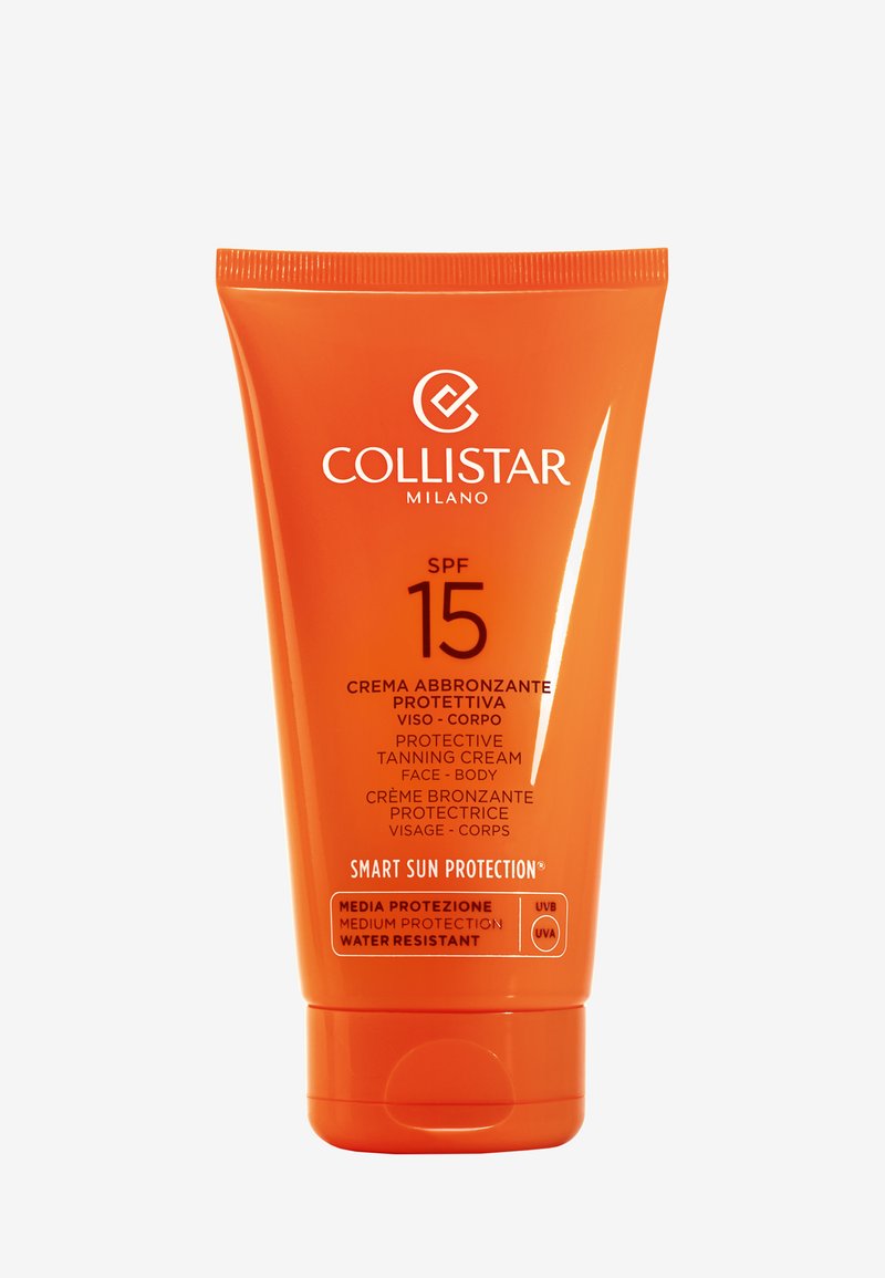 Tubo naranja de crema bronceadora protectora SPF 15 de Collistar, etiquetado para cara y cuerpo, con una textura suave y brillante y una impresión clara.