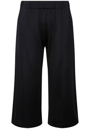 Schwarze Culotte-Hosen aus einem glatten, leichten Stoff. Mit einem elastischen Bund und weiten, knöchellangen Beinen für Komfort und Bewegungsfreiheit.