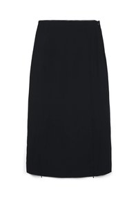 Jupe noire longueur genoux avec une coupe droite, dotée d'une fermeture éclair au dos et de détails de fente discrets. Fabriquée en tissu lisse avec une texture subtile.