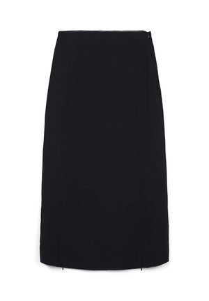 Jupe noire longueur genoux avec une coupe droite, dotée d'une fermeture éclair au dos et de détails de fente discrets. Fabriquée en tissu lisse avec une texture subtile.