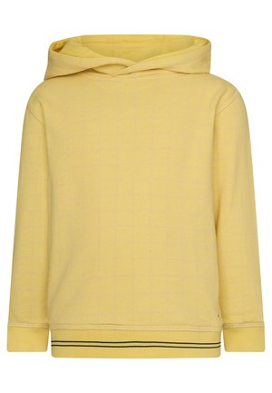 Gele hooded sweatshirt met een subtiel rechthoekig patroon, geribbelde manchetten en een zwarte streep langs de zoom. Zacht katoenmengsel materiaal.