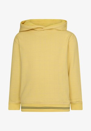 Gelbe Kapuzenjacke mit einem dezenten rechteckigen Muster, gerippten Bündchen und einem schwarzen Streifen entlang des Saums. Weiches Baumwollmischgewebe.