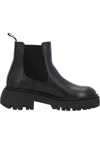 Botas Chelsea de cuero negro con paneles laterales elásticos texturizados y suelas de goma resistentes. Incluyen una pestaña de tirón para facilitar su uso.