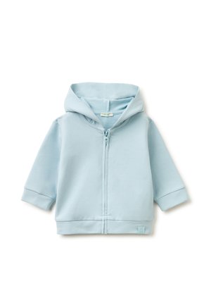 Light blue toddler hoodie with front zipper, long sleeves, and attached hood on a white background.