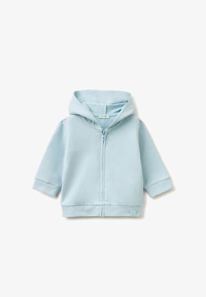 Light blue toddler hoodie with front zipper, long sleeves, and attached hood on a white background.