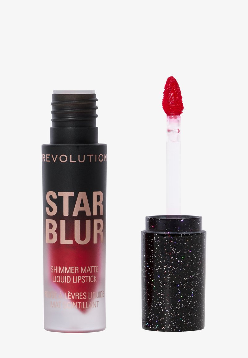 Rød glitrende matte flytende leppestift i en gradient tube, med et mykt svart lokk med gullbokstaver og en glitrende svart applikator.