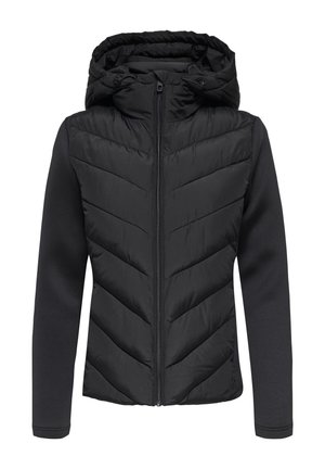 Black hybrid jacket with quilted front, soft long sleeves, full zipper, and adjustable hood.