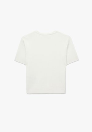 Weißes, geripptes Kurzarmoberteil mit rundem Ausschnitt und cropped Silhouette. Glatte Textur mit einem einfachen, schlichten Design.