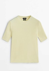 Light yellow ribbed short-sleeve t-shirt with a round neck. Features a textured surface and a straight cut, suitable for casual wear.