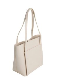 Borsa a spalla beige realizzata in materiale sintetico liscio, con doppie tracolle, forma strutturata e una tasca frontale per una funzionalità aggiuntiva.