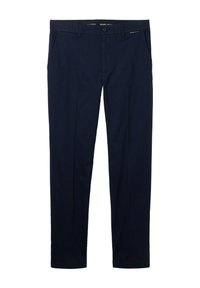 Marinblå byxor med slät tyg, rak ben-design, framfickor och ett subtilt randmönster. Knäppning i midjan.
