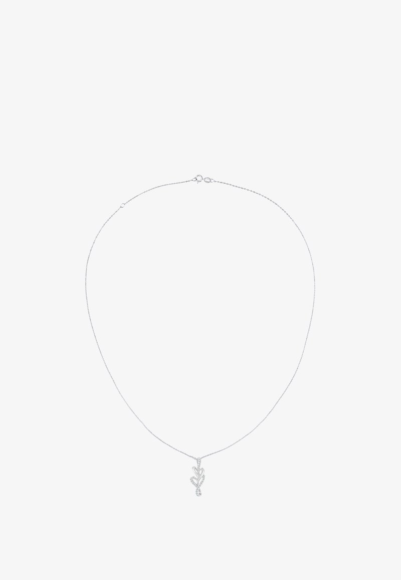 Collar de cadena de plata con un colgante en forma de hoja con un detallado intrincado, acabado pulido y un sutil destello de piedras incrustadas.
