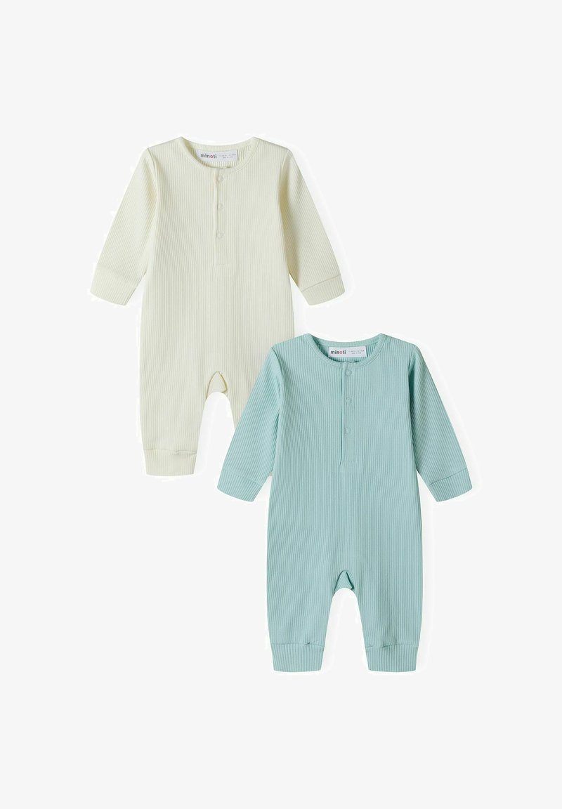 Dvoje dětských overalů s ribovaným vzorem: jeden světlé žluté barvy a druhý jemně mátové, oba s dlouhými rukávy, knoflíkovými légy a manžetami na kotnících.