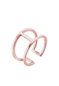 Anello in oro rosa con un design aperto caratterizzato da bande curve e una forma geometrica. Il materiale appare lucido con una texture liscia.