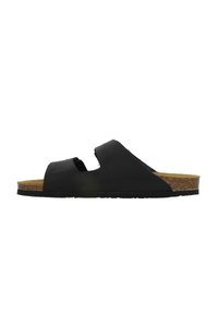Schwarze Slidesandale mit offenem Zehendesign, aus glattem Material, mit korkgefüttertem Fußbett und strukturierter schwarzer Sohle.