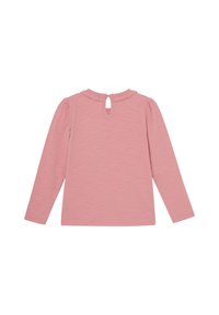 Helles pinkes Langarmshirt mit Rundhalsausschnitt und Rüschensaum, das auf der Rückseite mit einem Schlüssellochverschluss und elastischen Puffärmeln ausgestattet ist.