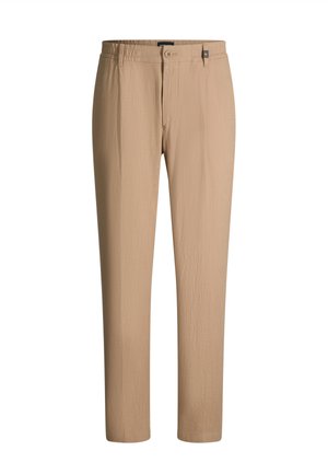 Pantalon beige à jambes droites avec fermeture à boutons et zip, passants pour ceinture, et une finition de tissu texturé subtile.