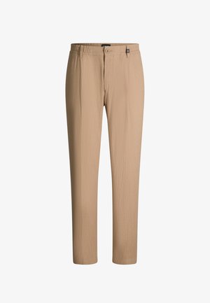 Beige rechte broek met knoop- en ritssluiting, riemlussen en een subtiele gestructureerde stofafwerking.