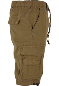 Brune cargo shorts lavet af letvægtsstof, med flere lommer, en elastisk talje med justerbar snor og en afslappet pasform.