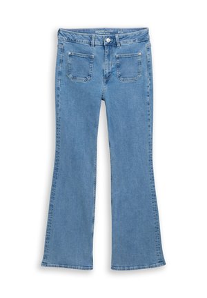 Pantalones vaqueros acampanados de mezclilla azul claro con bolsillos parche delanteros, cierre de botones y trabillas para cinturón, talla 27/32.