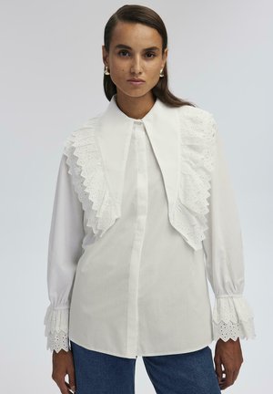 Camicia bianca con bottoni, dettagli in pizzo arricciato sulle spalle e sulle maniche, con colletto classico e una superficie di tessuto liscia.