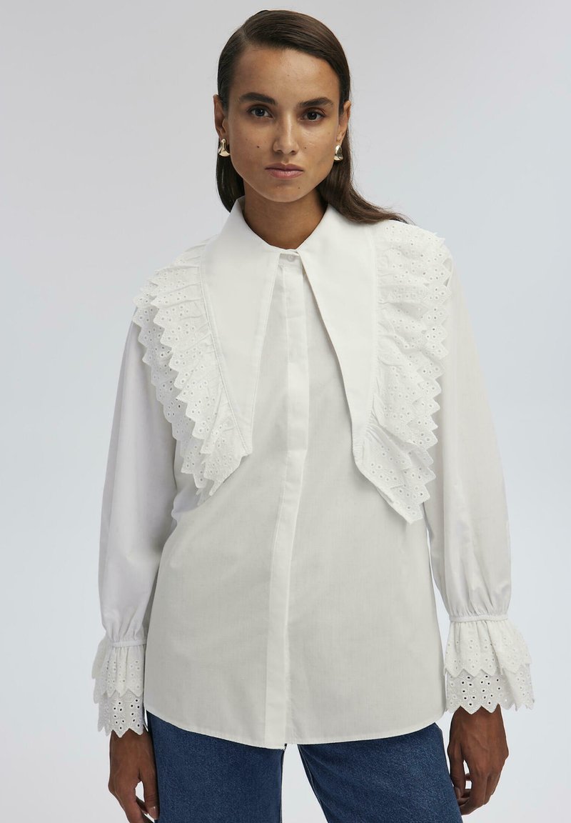Camicia bianca con bottoni, dettagli in pizzo arricciato sulle spalle e sulle maniche, con colletto classico e una superficie di tessuto liscia.