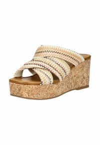 Wedge sandalen met kurken basis, meerkleurig zigzagbandontwerp, open teen en ronde randen. Lichtgewicht constructie met een gestructureerde afwerking.