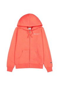 Sudadera con cremallera en color coral, hecha de tejido suave, con un bolsillo tipo canguro, capucha con cordón y logotipo bordado en el pecho y la manga.