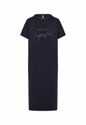 Robe à capuche bleu marine foncé avec des manches courtes, une poche avant et un cordon de serrage. Présente le texte "Parfaitement imparfait" en bleu clair.
