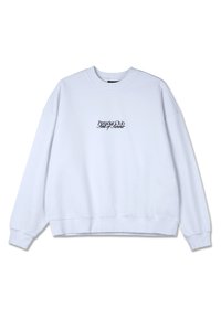 Witte sweatshirt met geribbelde halslijn en manchetten, voorzien van zwarte geborduurde tekst "Preador Club Soul of Summer" op de voorkant. Zacht fleece materiaal.