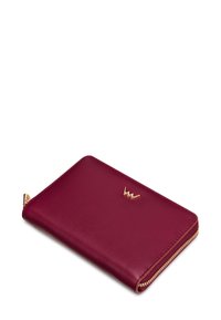 Burgundy leather wallet with a smooth texture, gold zipper, and a gold embossed logo on the front. Rectangle shape, compact design.