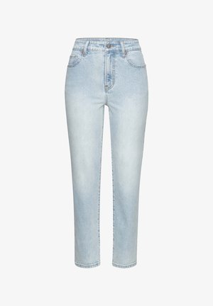 Svijetloplavi traper široki traperice visokog struka, s ravnim nogavicama, pet džepova i metalnim gumbima.