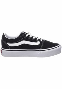 Zapatilla negra de caña baja con cordones blancos, franja lateral blanca y suela de goma blanca gruesa vista desde el lado exterior.