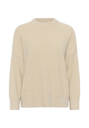 Beige Textúrájú pulóver, puha és bolyhos anyagból készült. Kerek nyakkivágása és bő szabású hosszú ujja van. Finom csillogó díszítések.