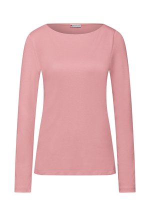 Chemise à manches longues rose en tissu doux, avec un col rond et une coupe ajustée. Simple, sans motifs ni accents visibles.