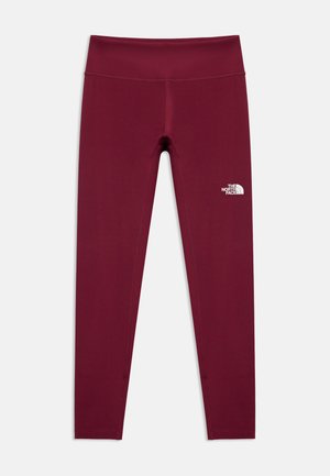 Leggings de sport moulants couleur marron avec une taille haute et un petit logo blanc "The North Face" sur la partie supérieure de la cuisse.