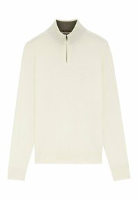 Helles cremefarbenes Sweatshirt mit hohem Kragen und halbem Reißverschluss. Hergestellt aus weichem Stoff, mit gerippten Bündchen und Saum für eine anliegende Passform.