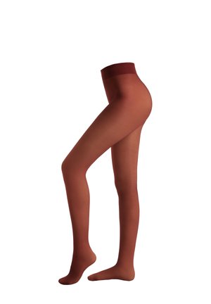 Collants opaques d'une riche couleur rouille avec une texture lisse. Dotés d'une large ceinture et d'une coupe ajustée au niveau des jambes.