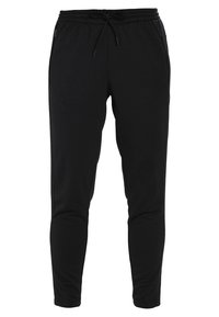 Černé slim-fit jogger kalhoty s elastickým pasem, šňůrkou a bočními kapsami na zip, vystavené na bílém pozadí.