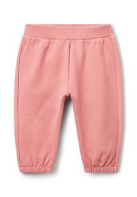 Růžové dětské tepláky s elastickým pasem a manžetami, vyrobené z měkké látky, vystavené na bílém pozadí.