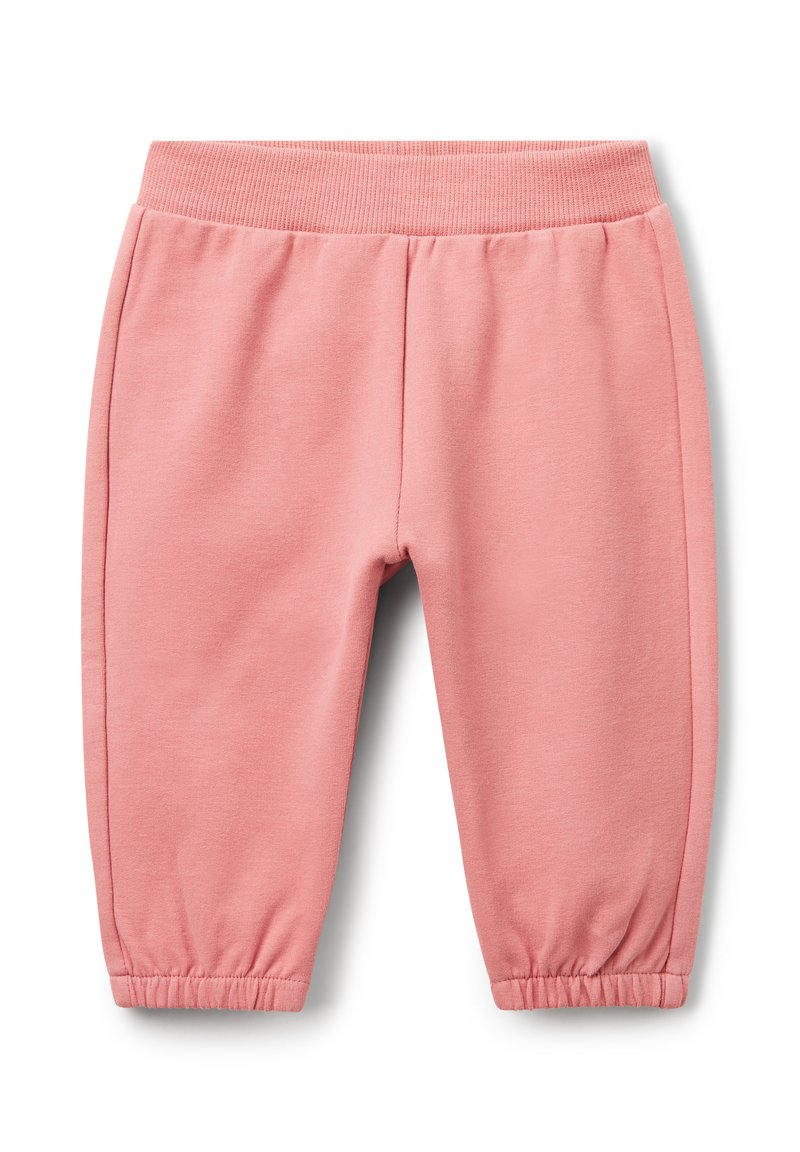 Růžové dětské tepláky s elastickým pasem a manžetami, vyrobené z měkké látky, vystavené na bílém pozadí.