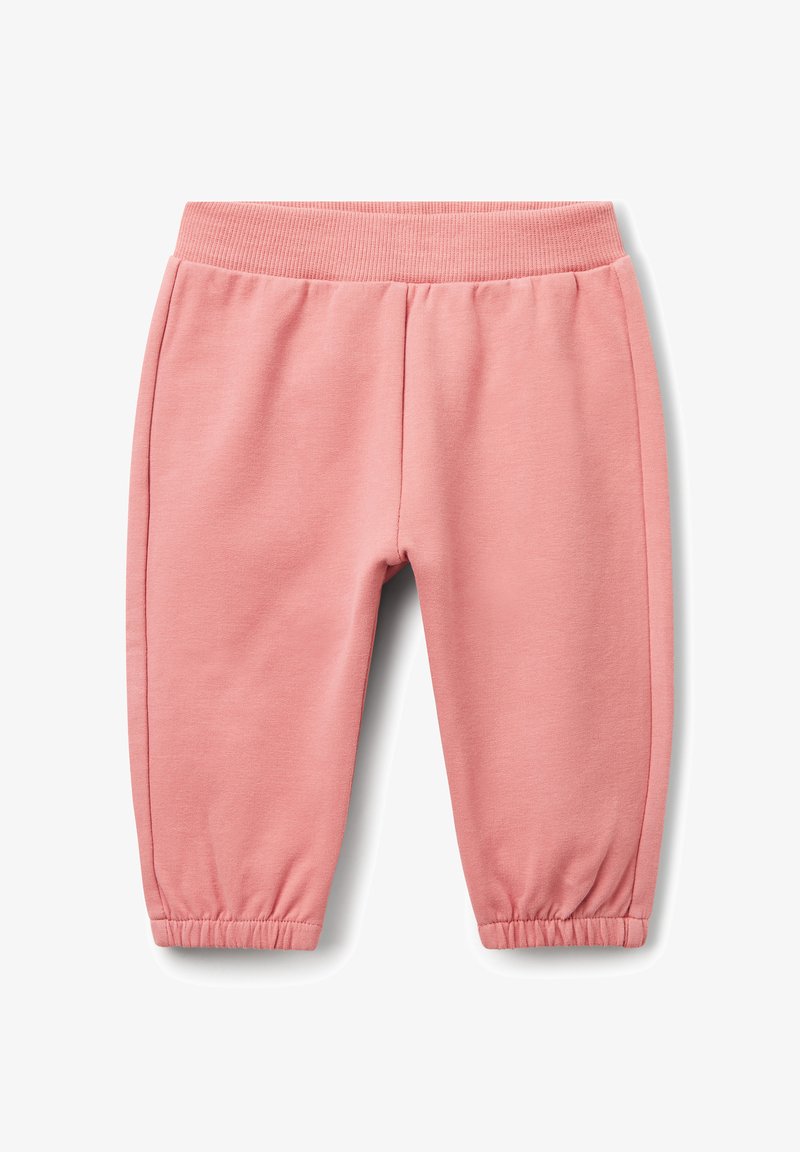 Růžové dětské tepláky s elastickým pasem a manžetami, vyrobené z měkké látky, vystavené na bílém pozadí.