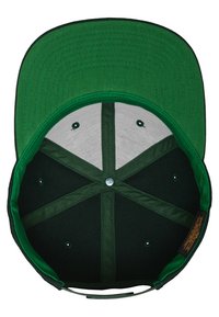 Grøn baseballkasket med en flad skygge, indersiden har grå mesh-paneler, grøn stofforing og en central knap med syninger.