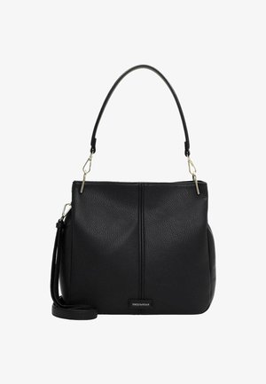 Sac à main en cuir noir avec une finition texturée, une seule poignée supérieure, une bandoulière réglable et une petite étiquette de marque à l'avant.